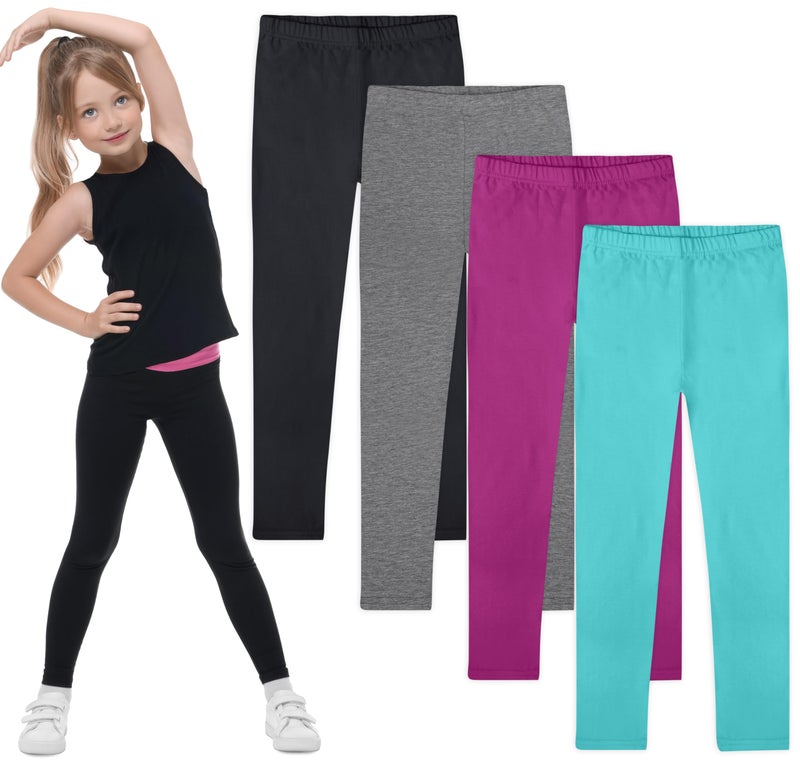 FEQO 4 Pack Girls Cotton Leggings Pants Full Length Basic Leggings Stretchy Legging Footless Tight Pants, Black, 6-7 Years - Image 1
