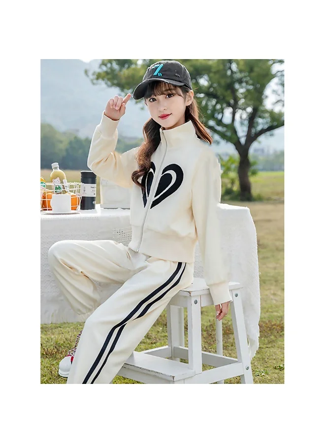 LITTLE SURPRISE BOX Casual Cream & Black Big Heart 2Pcs Track Suit Set For Kids & Tweens