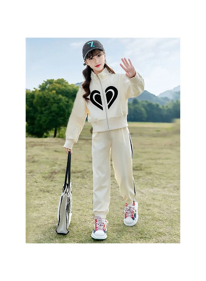 LITTLE SURPRISE BOX Casual Cream & Black Big Heart 2Pcs Track Suit Set For Kids & Tweens