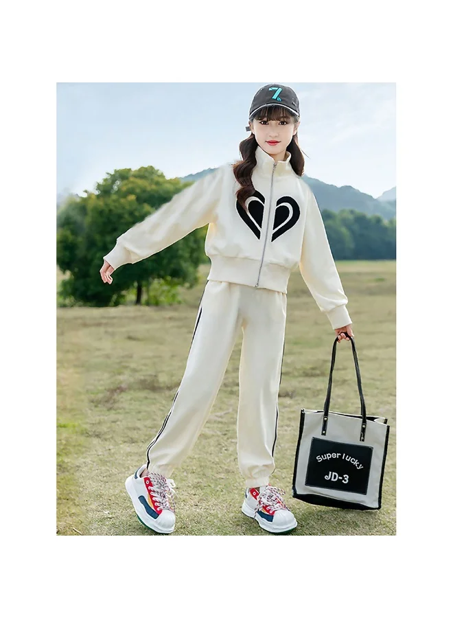 LITTLE SURPRISE BOX Casual Cream & Black Big Heart 2Pcs Track Suit Set For Kids & Tweens