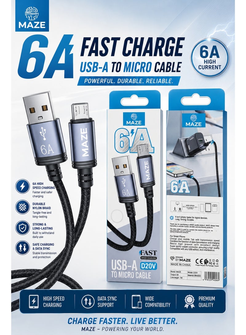 ميذ كابل Micro إلى USB للشحن السريع بقوة 6 أمبير – يدعم تقنية الشحن السريع QC 3.0 ونقل البيانات عالي السرعة، يتميز بتصميم متين ومجدول من النايلون ومقاوم للانحناء، بطول 1 متر، ومتوافق مع الهواتف الذكية والأجهزة اللوحية وأجهزة الكمبيوتر المحمولة. - Image 2
