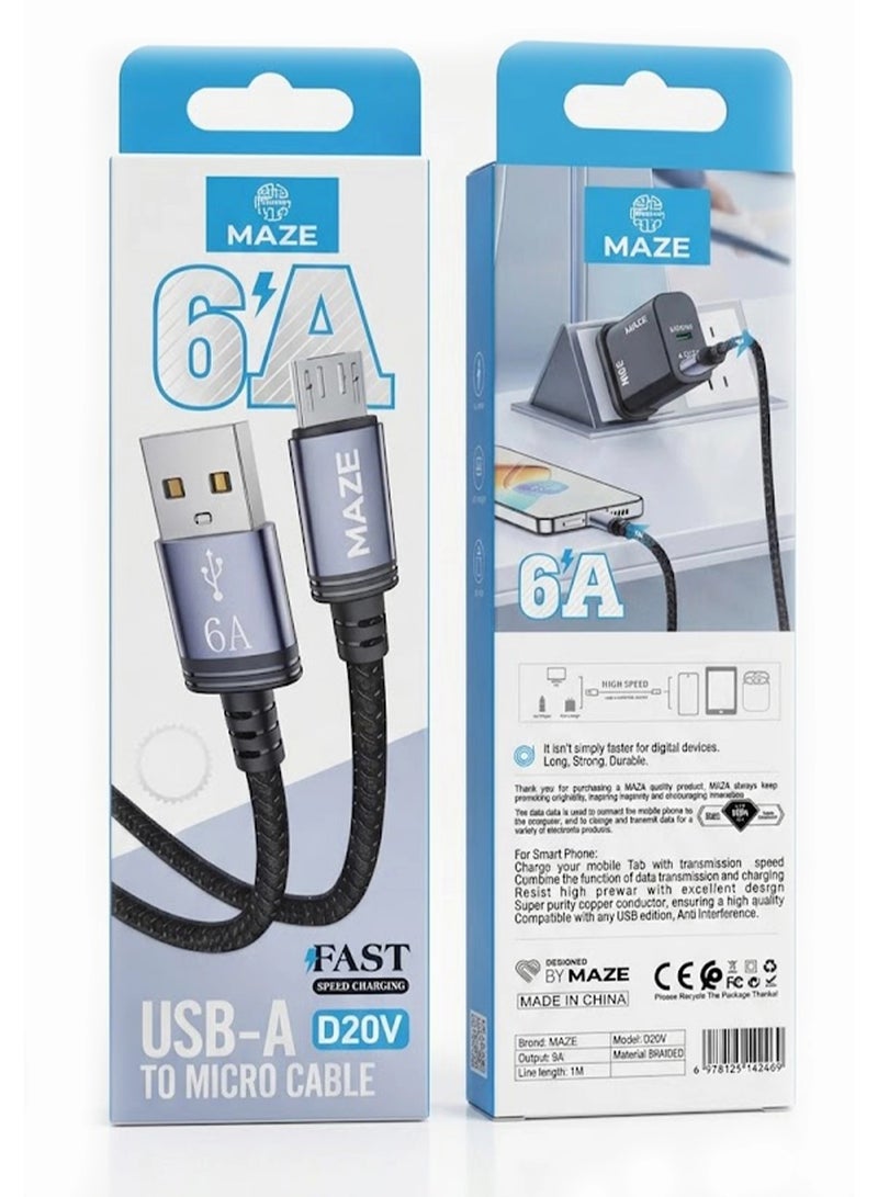 ميذ كابل Micro إلى USB للشحن السريع بقوة 6 أمبير – يدعم تقنية الشحن السريع QC 3.0 ونقل البيانات عالي السرعة، يتميز بتصميم متين ومجدول من النايلون ومقاوم للانحناء، بطول 1 متر، ومتوافق مع الهواتف الذكية والأجهزة اللوحية وأجهزة الكمبيوتر المحمولة. - Image 3