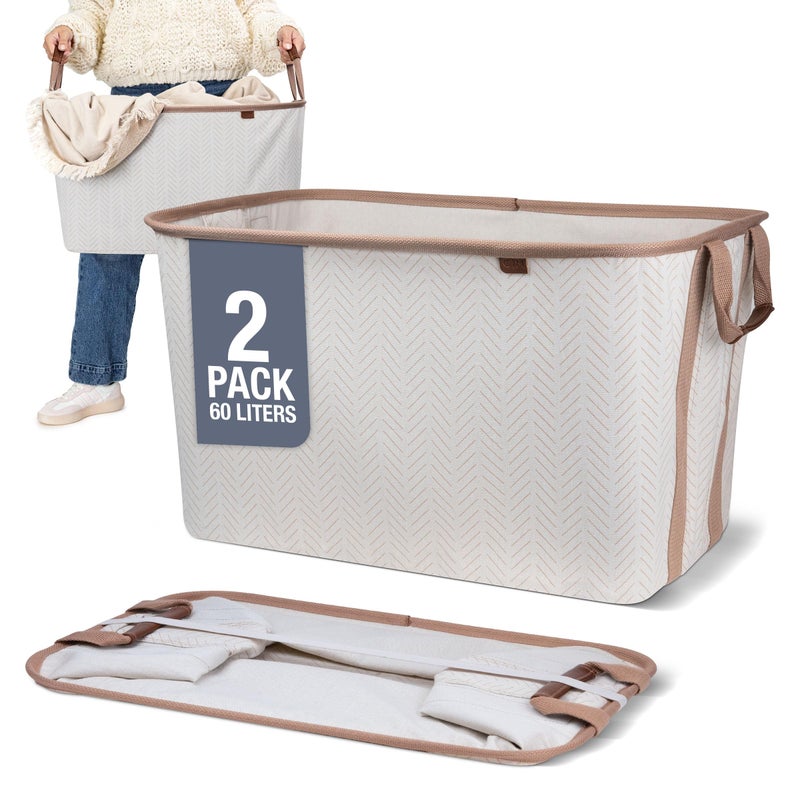 CleverMade Collapsible Laundry Basket LUXE 2 Pack â€“ 60 L (16 Gal) Foldable Cotton Blend Clothes Hamper with Vegan Leather Accents, Reinforced Handles, Space Saving Laundry Bin Holds 55 lbs - Cream - Image 1