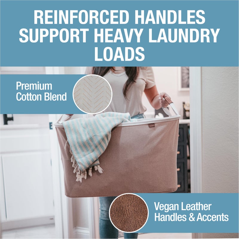 CleverMade Collapsible Laundry Basket LUXE 2 Pack â€“ 60 L (16 Gal) Foldable Cotton Blend Clothes Hamper with Vegan Leather Accents, Reinforced Handles, Space Saving Laundry Bin Holds 55 lbs - Cream - Image 4