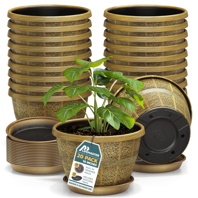 LifeMaster 10-Inch Whiskey Barrel Planters Outdoor Pack of 20 - Durable Plastic Plant Pots for Indoor & Outdoor Use with Drainage & Saucer, Lightweight Rustic Barrel Planters for Flowers, Herbs & Small Plants - Image 1