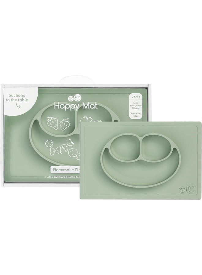 ezpz Happy Mat Kids Feeding Suction Placemat (Sage) - 100% Silicone Suction Plate with Built-in Placemat for Toddlers + Preschoolers - Divided Plate - Dishwasher Safe - Image 1