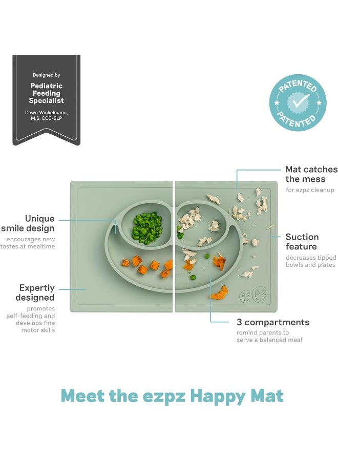 ezpz Happy Mat Kids Feeding Suction Placemat (Sage) - 100% Silicone Suction Plate with Built-in Placemat for Toddlers + Preschoolers - Divided Plate - Dishwasher Safe - Image 2