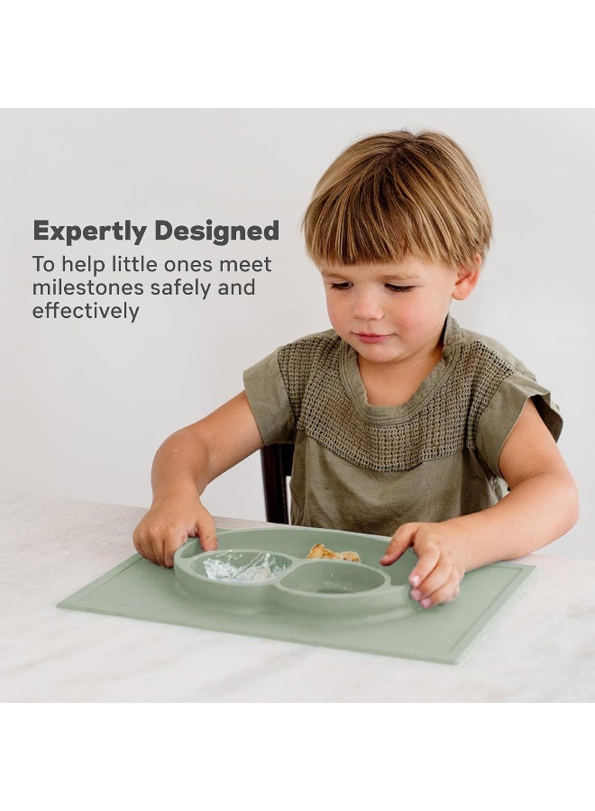 ezpz Happy Mat Kids Feeding Suction Placemat (Sage) - 100% Silicone Suction Plate with Built-in Placemat for Toddlers + Preschoolers - Divided Plate - Dishwasher Safe - Image 3