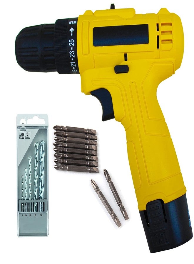 MLD 10 mm Keyless Chuck 12V Cordless Drill/Screwdriver with 5pcs Masonry Drill Bit Set and PH2(+/-) 10pcs Bits (Color-Multi, Material- Plastic,Size -compact) - Image 1