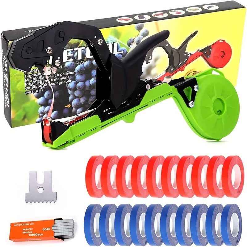 1 Set Green Plant Tape Gun Machine With Blue And Red Tapes 10 Rolls Each And 1 Box Nails For Tomatoes Grapes Vegetable Garden Application - Image 1