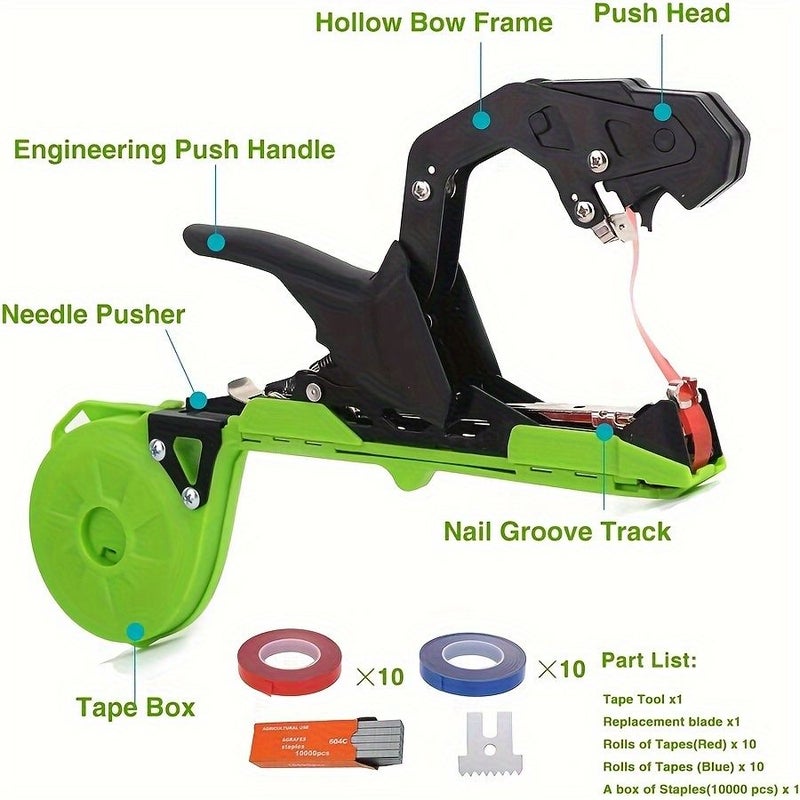 1 Set Green Plant Tape Gun Machine With Blue And Red Tapes 10 Rolls Each And 1 Box Nails For Tomatoes Grapes Vegetable Garden Application - Image 5