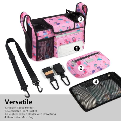 TOPDesign Universal Baby Stroller Organizer Stroller Caddy with Detachable Mesh Bag Heightened Insulated Cup Holders NonSlip Secure Hooks Accessories Fits Most Strollers Unicorns Girls - Image 3