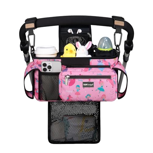 TOPDesign Universal Baby Stroller Organizer Stroller Caddy with Detachable Mesh Bag Heightened Insulated Cup Holders NonSlip Secure Hooks Accessories Fits Most Strollers Unicorns Girls - Image 1
