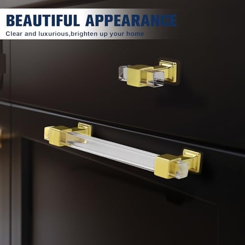 Orger 10 Pack Cabinet Handles for Kitchen Cabinets and Bedroom Cupboards, 3-1/2 Inch Hole Center Cabinet Pulls Square Tube Clear Acrylic Drawer Pulls with Gold Finish Base - Image 2