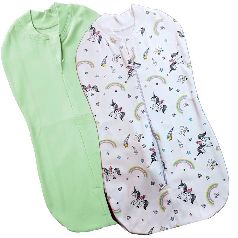 MammaChamp Zipper Swaddle Sleeping Sack Blankets Pod Wrap Bag New Born Baby for 03 Months Pack of 2 Light GreenWhite