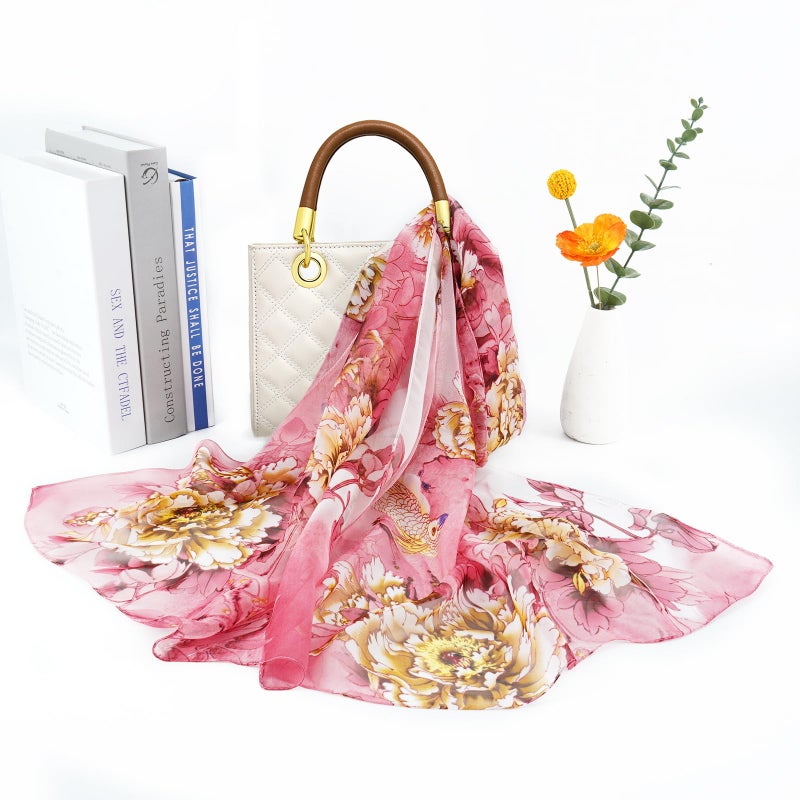 E-Clover Chiffon Scarf for Women Lightweight Floral Print Scarfs Sheer Neck Head Scarves Shawl for Women Pink - Image 5