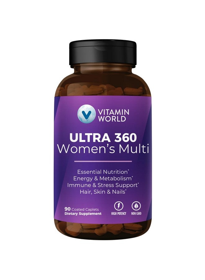 VITAMIN WORLD فيتامين وورلد ألترا 360 متعدد الفيتامينات للنساء، متعدد الفيتامينات للنساء مع الأعشاب والكولاجين للشعر والبشرة والأظافر، مكمل مع الحديد، فيتامين أ، ب، ج، د، هـ للطاقة ودعم المناعة، 90 قرصاً - Image 1