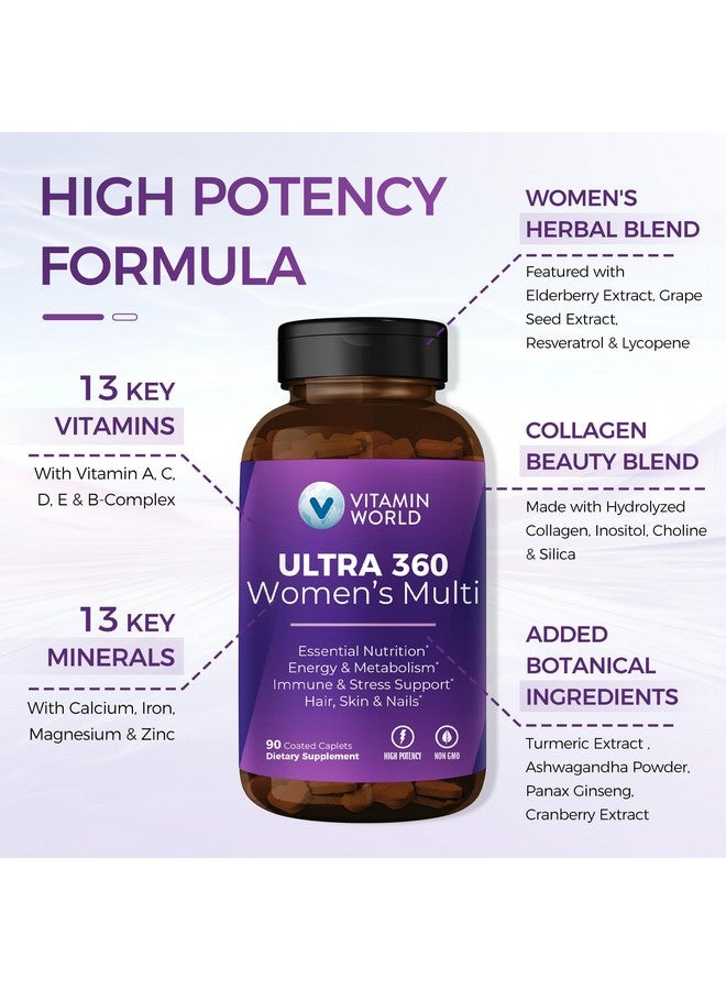 VITAMIN WORLD فيتامين وورلد ألترا 360 متعدد الفيتامينات للنساء، متعدد الفيتامينات للنساء مع الأعشاب والكولاجين للشعر والبشرة والأظافر، مكمل مع الحديد، فيتامين أ، ب، ج، د، هـ للطاقة ودعم المناعة، 90 قرصاً - Image 3