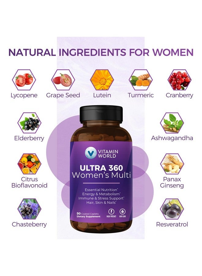 VITAMIN WORLD فيتامين وورلد ألترا 360 متعدد الفيتامينات للنساء، متعدد الفيتامينات للنساء مع الأعشاب والكولاجين للشعر والبشرة والأظافر، مكمل مع الحديد، فيتامين أ، ب، ج، د، هـ للطاقة ودعم المناعة، 90 قرصاً - Image 5