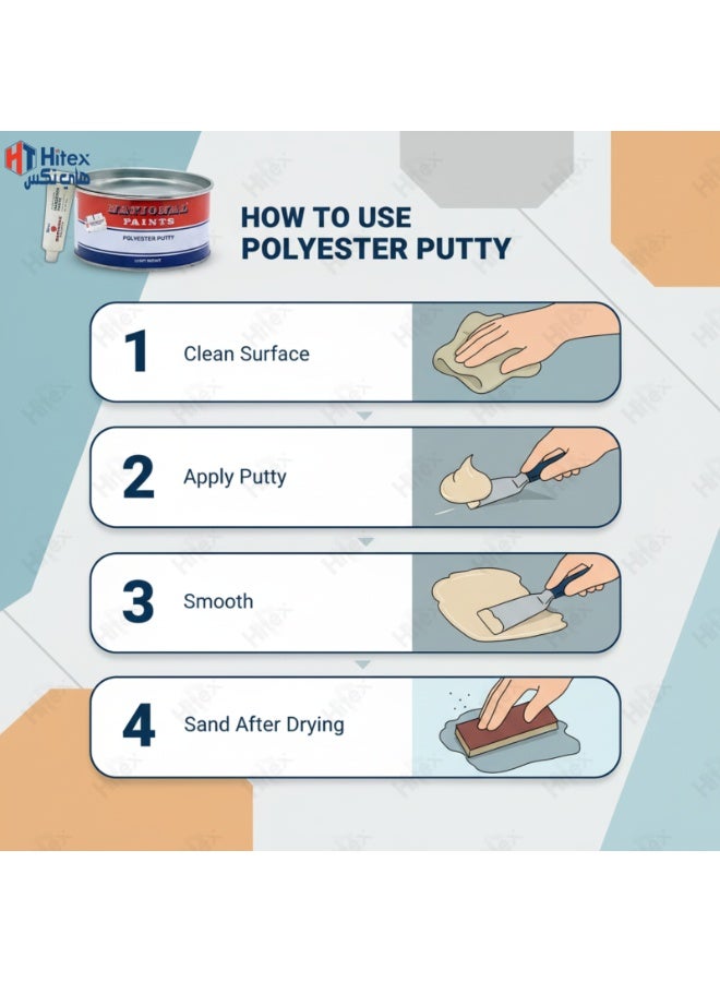 Hitex National Paints Polyester Putty Body Filler with Hardener | High Adhesion Scratch Filler for Car Body, Wood, Marine & Steel | Easy Sanding, Smooth Finish | Automotive & DIY Repair (1.5 Kg) - Image 4