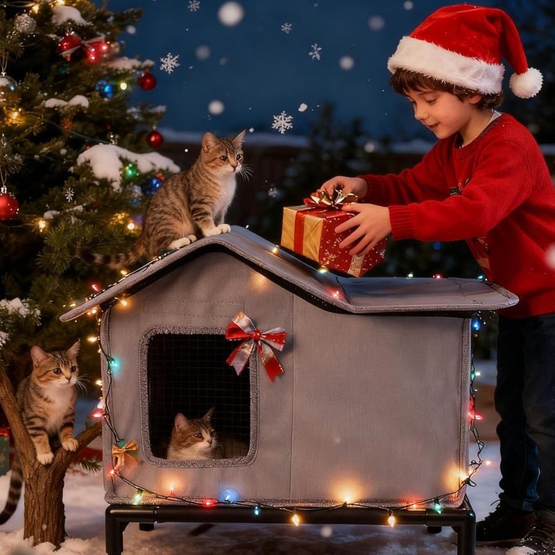 Outdoor Cat House with Removable Cover Foldable Warm Pet Shelter for Indoor Balcony Garden - Image 4