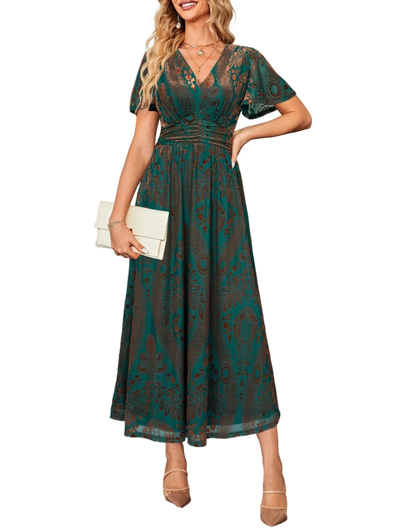 Simplee Apparel Simplee Women's Velvet Wedding Guest Formal Maxi Dress Elegant Floral Empire Waist V Neck Short Sleeve Long Dress (X-Large Green Gold) - Image 1
