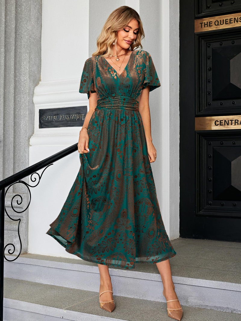 Simplee Apparel Simplee Women's Velvet Wedding Guest Formal Maxi Dress Elegant Floral Empire Waist V Neck Short Sleeve Long Dress (X-Large Green Gold) - Image 2