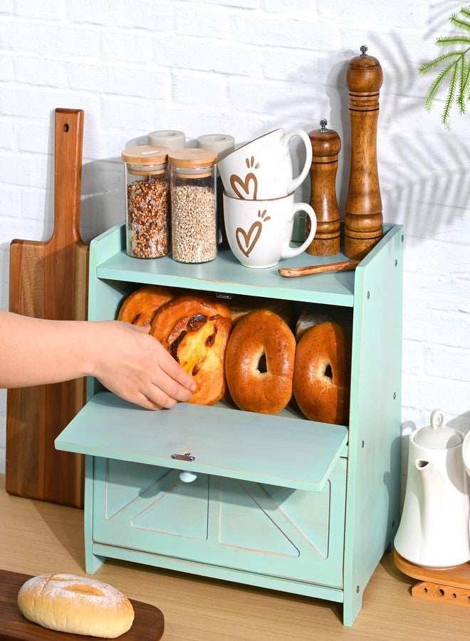 Ollieroo Vintage Double Layer Bread Box for Kitchen Countertop, Bamboo Bread Storage Container, Breadbox for Homemade Bread, Large Capacity Bread Bin(Green) - Image 2