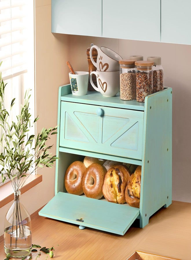 Ollieroo Vintage Double Layer Bread Box for Kitchen Countertop, Bamboo Bread Storage Container, Breadbox for Homemade Bread, Large Capacity Bread Bin(Green) - Image 3
