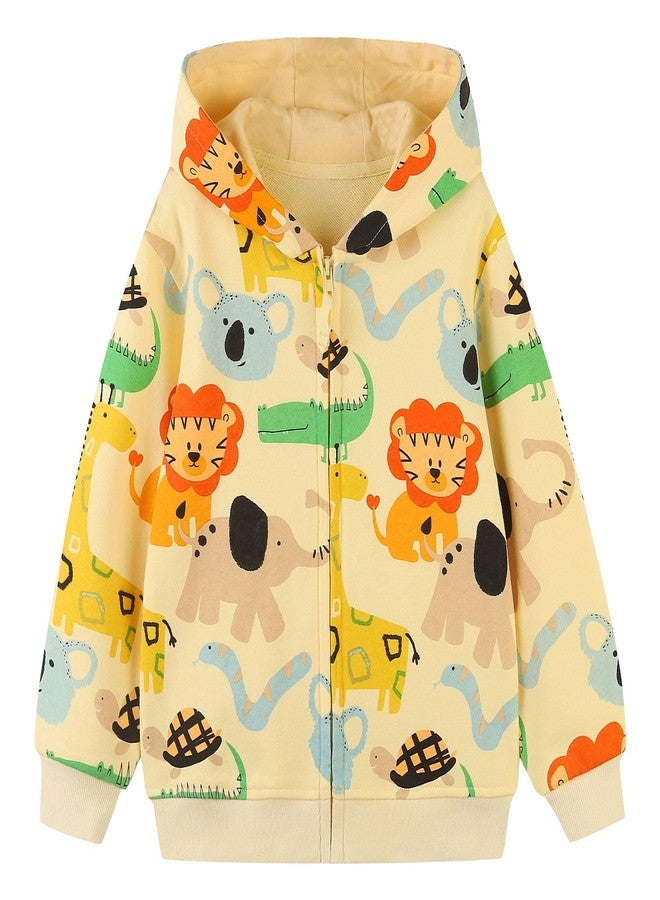 NUBEEHOHO Kids Toddler Zip Up Hoodies Yellow 100% Cotton Fall Jacket Animal Koala Elephant Lion Printed Sweatshirt Clothes 2-3T (084) - Image 1