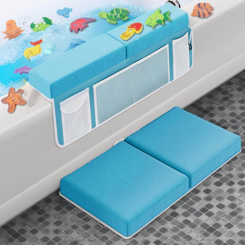 Supa Ant Baby Bath Kneeler and Elbow Rest Pad Set The Only Certified Extra Thick Bathtub Kneeler with Builtin 5 Pockets Organizer Bath Kneeling Pad for Bathing Baby with 8Suction Cups Blue