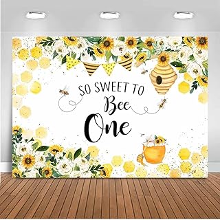 Mocsicka Bee First Birthday Backdrop So Sweet to Bee One Honeycomb Bumble Bee Sunflower First Birthday Party Photo - Image 1