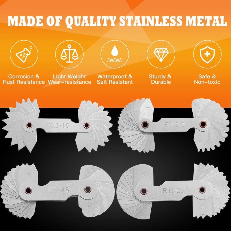 Rustark 4 Pcs Metric Radius Gauge Stainless Metal External and Internal Arc Fillet Concave Convex Measuring Tool Set Including R0.3-1.5/ R1-6.5/ R7-14.5/ R15-25 - Image 3