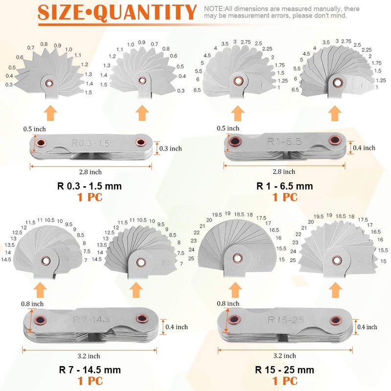 Rustark 4 Pcs Metric Radius Gauge Stainless Metal External and Internal Arc Fillet Concave Convex Measuring Tool Set Including R0.3-1.5/ R1-6.5/ R7-14.5/ R15-25 - Image 2