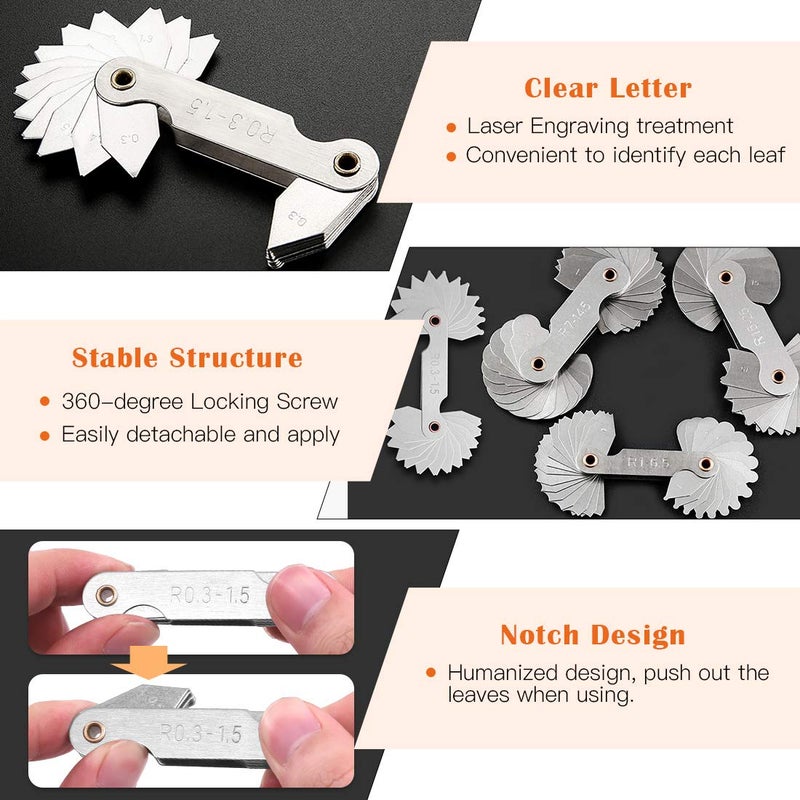 Rustark 4 Pcs Metric Radius Gauge Stainless Metal External and Internal Arc Fillet Concave Convex Measuring Tool Set Including R0.3-1.5/ R1-6.5/ R7-14.5/ R15-25 - Image 5