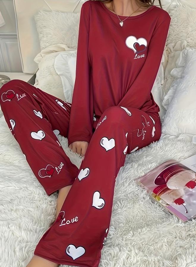 تايك تو طقم تيشيرت بأكمام طويلة بطبعة قلب مع بنطال - Image 3