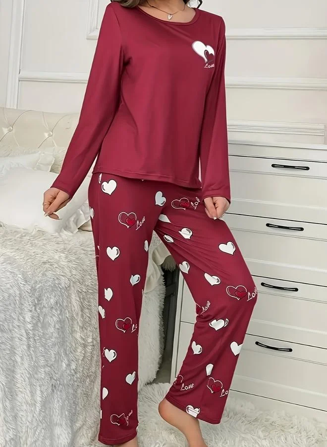Take Two Take Two Heart Print Long Sleeve T-Shirt and Pyjama Set