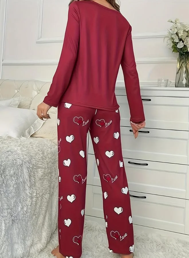 Take Two Take Two Heart Print Long Sleeve T-Shirt and Pyjama Set
