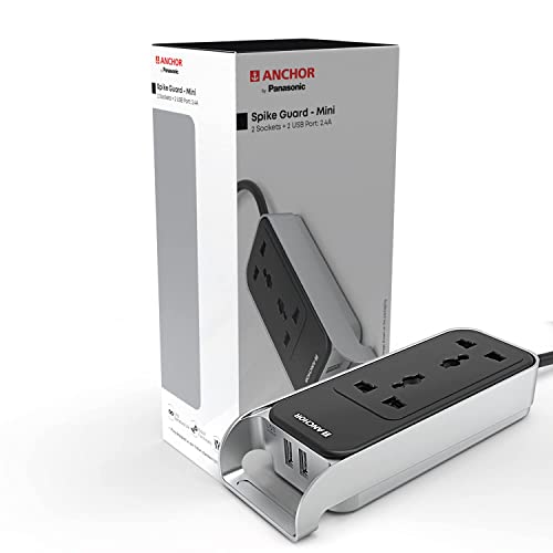 Anchor by Panasonic 6A Extension Board with Handle, 2 Sockets + USB 2.4A, 1.5m Cable (Black and Silver, 240 volts) (22074) - Image 1