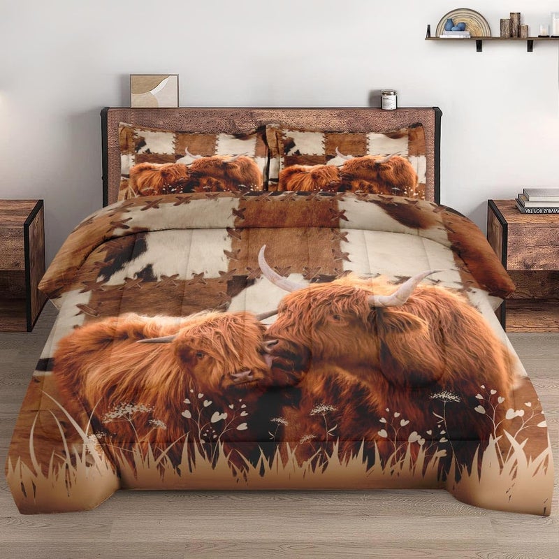 WeCozy Full Size Comforter Set with 2 Pillowcase, Highland Cow Animal Bull Soft 3 Pcs Bedding for Kids and Adults, Farm Comforter Set for Room Bedroom Bed Decor - Image 1