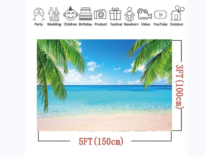 Qian Summer Tropical Beach Photography Backdrops Seaside Island Palm Trees Photo Blue Sky White Clouds Background for Hawaii Pool Party Luau Theme Party Decoration Studio Props Banner 5x3ft - Image 3