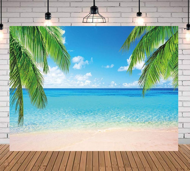 Qian Summer Tropical Beach Photography Backdrops Seaside Island Palm Trees Photo Blue Sky White Clouds Background for Hawaii Pool Party Luau Theme Party Decoration Studio Props Banner 5x3ft - Image 2