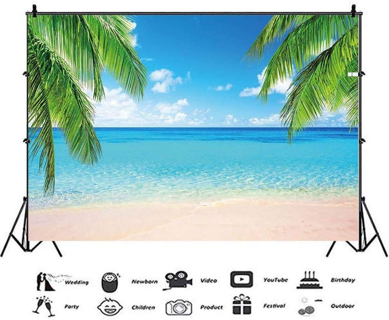 Qian Summer Tropical Beach Photography Backdrops Seaside Island Palm Trees Photo Blue Sky White Clouds Background for Hawaii Pool Party Luau Theme Party Decoration Studio Props Banner 5x3ft - Image 5