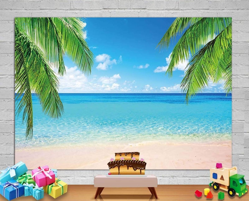 Qian Summer Tropical Beach Photography Backdrops Seaside Island Palm Trees Photo Blue Sky White Clouds Background for Hawaii Pool Party Luau Theme Party Decoration Studio Props Banner 5x3ft - Image 4