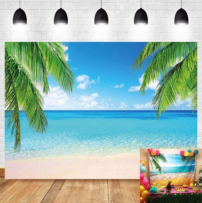 Qian Summer Tropical Beach Photography Backdrops Seaside Island Palm Trees Photo Blue Sky White Clouds Background for Hawaii Pool Party Luau Theme Party Decoration Studio Props Banner 5x3ft - Image 1