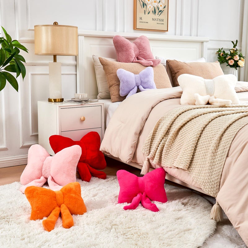 XVTRU Dusty Pink Bow Pillow  Soft Bow Decorative Pillows with Faux Rabbit Fur  Cute 12"" Bow Throw Pillows  Aesthetic Home Decor Bow Shaped Plush Pillow for Bedroom Sofa Couch - Image 5