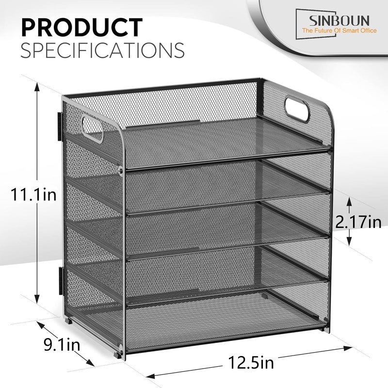 Sinboun Letter Tray Paper Organizer 5-Tier Desk Organizer File Organizer Paper Holder with Handle, Metal Desktop Document Shelf Tray Office Classroom Organization - Black - Image 2