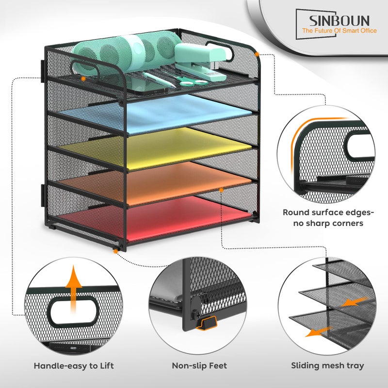 Sinboun Letter Tray Paper Organizer 5-Tier Desk Organizer File Organizer Paper Holder with Handle, Metal Desktop Document Shelf Tray Office Classroom Organization - Black - Image 3