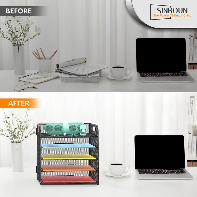 Sinboun Letter Tray Paper Organizer 5-Tier Desk Organizer File Organizer Paper Holder with Handle, Metal Desktop Document Shelf Tray Office Classroom Organization - Black - Image 4