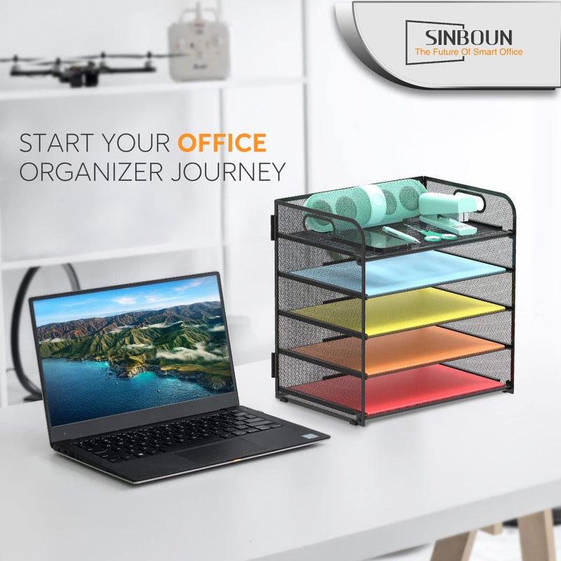 Sinboun Letter Tray Paper Organizer 5-Tier Desk Organizer File Organizer Paper Holder with Handle, Metal Desktop Document Shelf Tray Office Classroom Organization - Black - Image 5